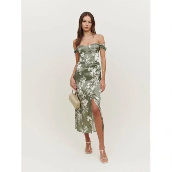 Reformation midi silk dress - sage green and white floral - size 4 - Picture 1 of 7